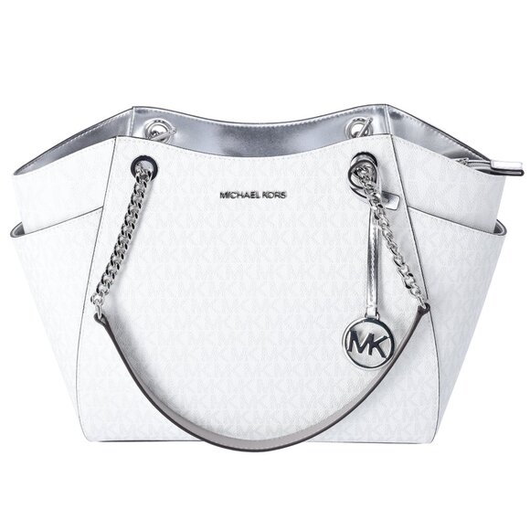 Michael Kors Jet Set Travel Large Chain Shoulder Tote White Silver MK Signature - Picture 1 of 5